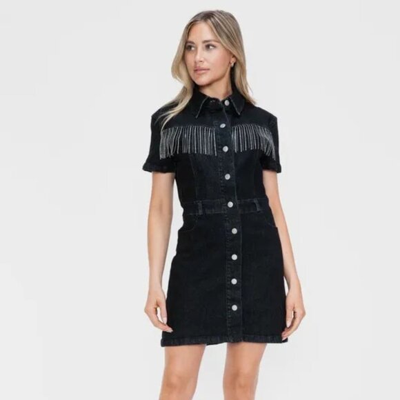 bytos Full Size Embellished Button Down Short Sleeve Denim Dress - Picture 3 of 5